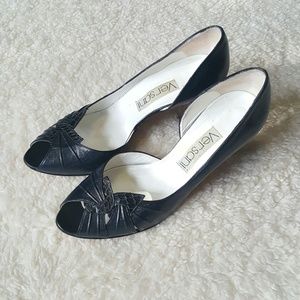 Versani Women's Blue Leather Peep Toe Heels 8.5